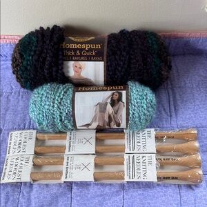 Homespun Thick & Quick Chunky Yarn - Teal,Purple,Black,Mint& two sets needles